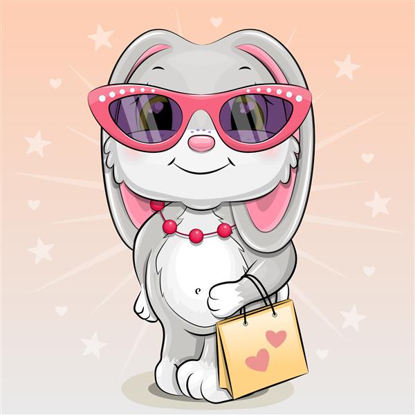خرگوش کارتونی زیبا با عینک آفتابی صورتی با کیف خرید تصویر برداری از حیوان در هنگام خرید