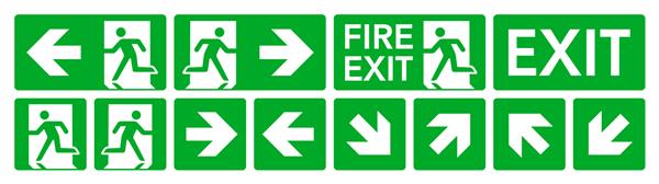 علائم خروج آتش نشانی تنظیم شده است نمادهای اضطراری سبز در پس زمینه سفید تصویر برداری