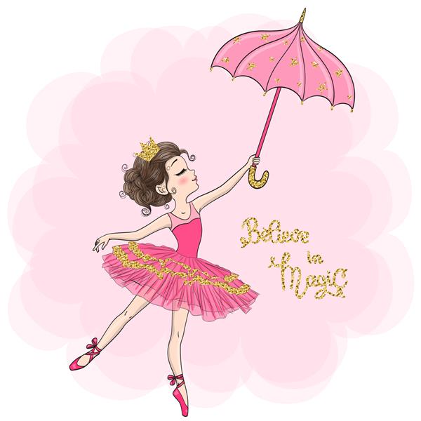 دختر بالرین کوچک زیبا دوست داشتنی با چتر و تاج روی سر تصویر برداری