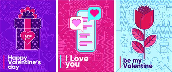 مجموعه ای از تصاویر وکتور کارت های روز ولنتاین گرافیک خط و عناصر پس زمینه الگوهای هندسی گل رز هدیه صفحه نمایش تلفن همراه و چت عشق روی صفحه نمایش