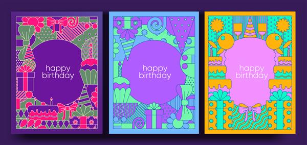 کارت و پوستر تولد مجموعه ای از کارت پستال های وکتور تصاویر هندسی کیک کوچک با شمع هدیه کیک تولد