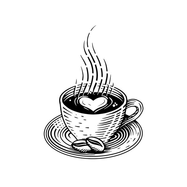 فنجان قهوه لاته با آرم دانه قهوه تکنیک طراحی طرح جوهر قدیمی وکتور و تصویر