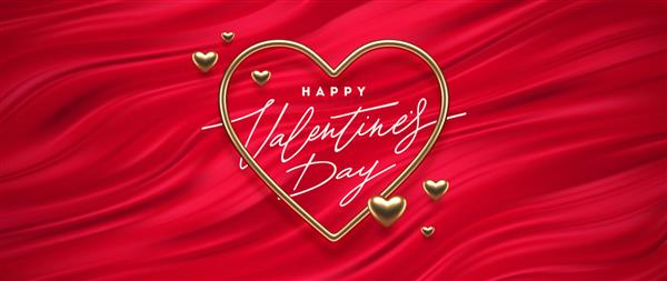 تبریک خوشنویسی روز ولنتاین در قاب طلایی شکل قلب روی پس‌زمینه موج‌های سیال قرمز نماد عشق - قلب های سه بعدی فلزی طلایی واقع گرایانه تصویر برداری