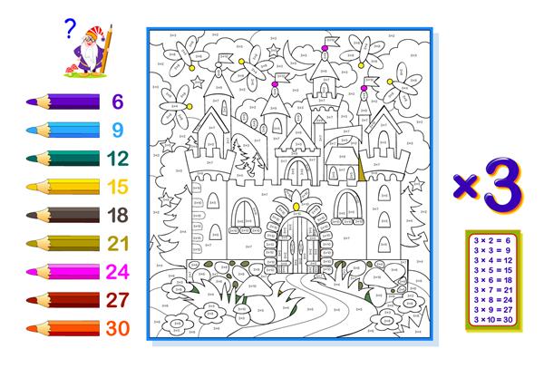 جدول ضرب در 3 برای بچه ها آموزش ریاضی کتاب رنگ آمیزی مثال ها را حل کنید و تصویر را نقاشی کنید بازی پازل منطقی کاربرگ قابل چاپ کتاب درسی مدرسه کودکان آنلاین بازی کنید