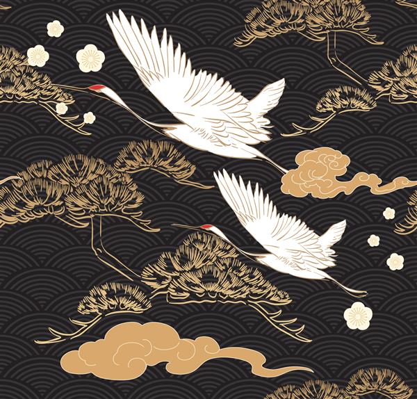 الگوی بدون درز ژاپنی با وکتور عناصر پرندگان جرثقیل پس زمینه آسیایی با تزئینات شرقی مانند درخت بونسای کشیده شده با دست و نماد گل شکوفه گیلاس به سبک وینتیج
