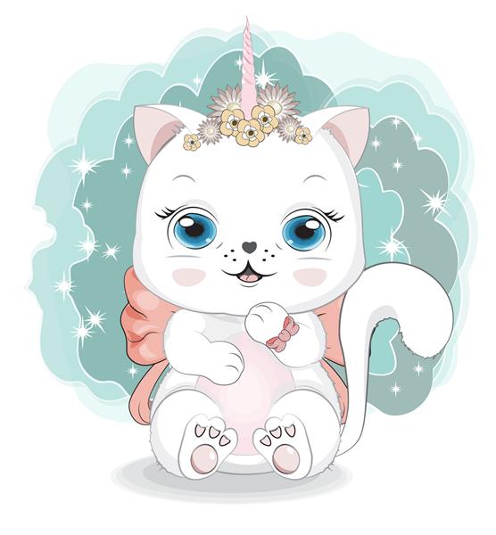 دختر گربه سفید شاد بچه گربه با کمان شاخ تک شاخ تصویر در دست طراحی کارتونی برای طرح چاپ مد تیشرت کارت تبریک تولد کارت پستال دوش بچه دعوت به مهمانی