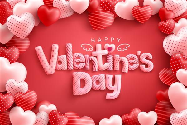 پوستر یا بنر تبریک روز ولنتاین با فونت زیبا و بسیاری از قلب های شیرین در پس زمینه قرمز الگوی تبلیغاتی و خرید یا پس زمینه مفهوم عشق و روز ولنتاین