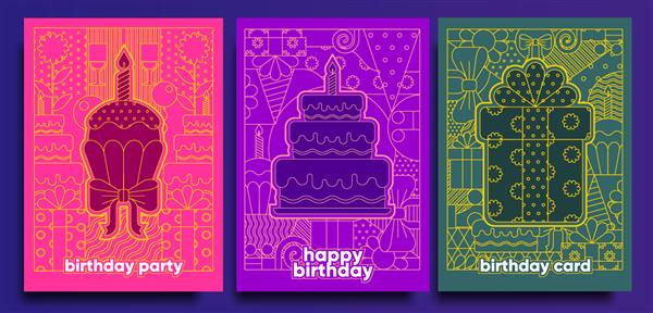 کارت و پوستر تولد مجموعه ای از کارت پستال های وکتور تصاویر هندسی کیک کوچک با شمع هدیه کیک تولد