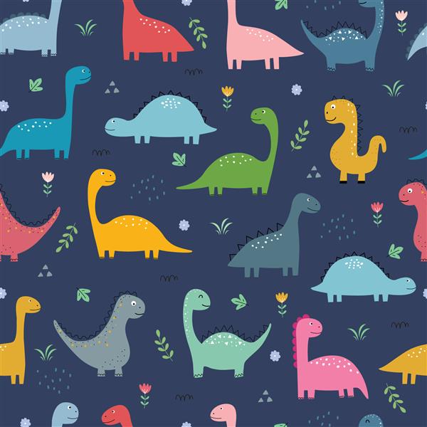 دایناسورها و گل‌ها الگوی بدون درز پس‌زمینه حیوانات کارتونی زیبا که با دست به سبک کودکانه برای چاپ کاغذ دیواری تزئینی پارچه پارچه کشیده شده‌اند تصویر برداری