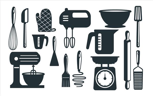 ست قالب طراحی ظروف پخت وکتور تجهیزات آشپزخانه برای استیکر تزیین برش و فایل چاپی