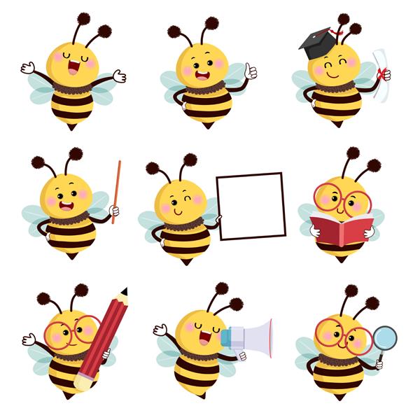 مجموعه تصویر برداری وکتور شخصیت های کارتونی شاد زنبور عسل در حالت های مختلف در مفهوم آموزش