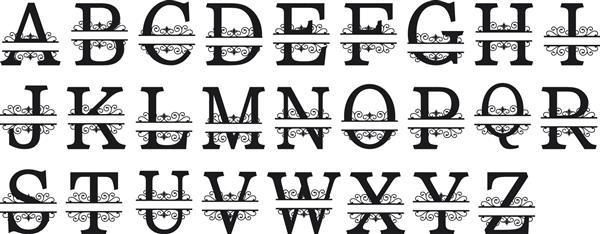 Split Regal Monogram Alphabet Letters Vector Files Cut Metal Laser Silhouette Cricut قلم A تا Z SVG حروف Dxf Svg Cdr Eps AI Set 109
