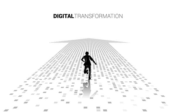 شبح تاجری که روی فلش از پیکسل می دود مفهوم تحول دیجیتال کسب و کار