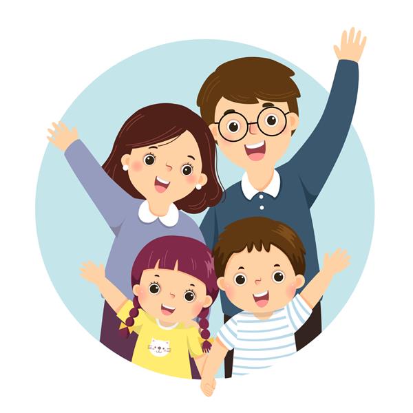 کارتون تصویر برداری از پرتره چهار عضو خانواده شاد که دستان خود را بالا می برند والدین با بچه ها