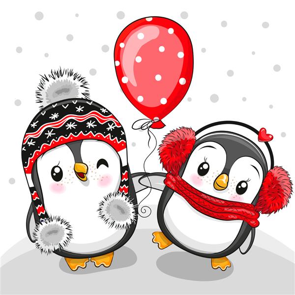 دو پنگوئن کارتونی بامزه با بادکنک در زمینه سفید و خاکستری