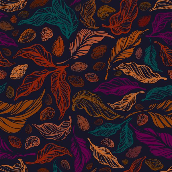 الگوی بدون درز قدیمی وکتور بافت رنگی شاخ و برگ پاییزی پس زمینه هنر طراحی شده با دست آجیل دانه انتزاعی برگ طلایی جنگل قدیمی تصویرسازی گرافیکی چاپ مد