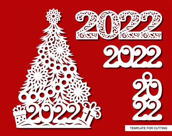 شبح تزئینی یک درخت کریسمس با حلقه های گل دانه های برف برف و اعداد سال - 2022 الگوی برش لیزری cnc کاغذ مقوا فلز یا تخته سه لا تصویر برداری