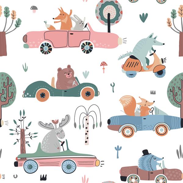 الگوی بدون درز وکتور زیبا با حیوانات جنگلی خنده دار در اتومبیل ایده آل برای پوشاک کودکان پارچه پارچه دکوراسیون مهد کودک کاغذ بسته بندی پس زمینه تابستانی کودکانه بی پایان