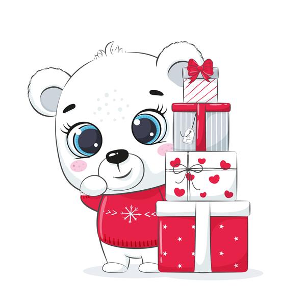 کارت با یک خرس قطبی با جعبه های هدیه طرح کریسمس مبارک