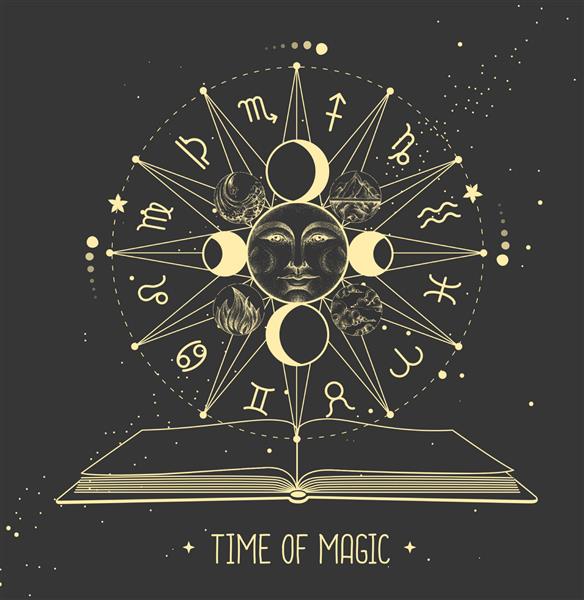 چرخ طالع بینی جادوی جادویی مدرن با علائم زودیاک و کتاب جادوی باز تصویر برداری فال