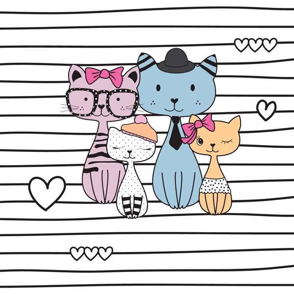 گربه های ناز در تصویر برداری پس زمینه راه راه طرح گرافیکی تی شرت با گربه