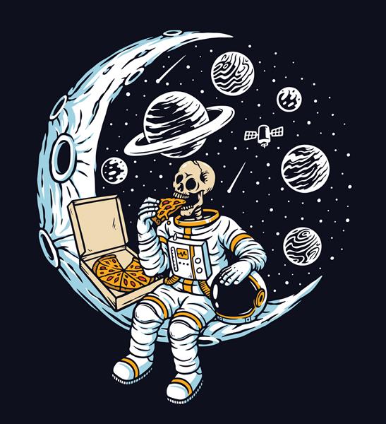 تصویر وکتور فضانورد در حال خوردن پیتزا در ماه