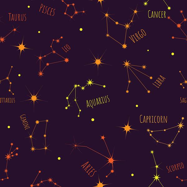 الگوی بدون درز 12 نشانه از نمادهای زودیاک صورت های فلکی نجومی در پس زمینه ای تاریک آسمان شب کیهان کهکشان بافت برای بسته بندی کاغذ و پارچه وکتور