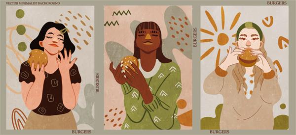 دختر در حال خوردن برگر مجموعه ای از زنان با برگر در دست تصویر برداری انتزاعی مینیمالیستی برای داستان ها دکوراسیون دیوار کارت پستال یا طراحی جلد بروشور