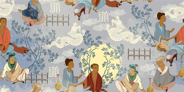 نقاشی های سنتی چینی سنت و فرهنگ آسیا نقاشی دیواری کلاسیک نقاشی های دیواری و آبرنگ به سبک آسیایی الگوی بدون درز چین باستان مردم شرقی و اژدها مراسم چای