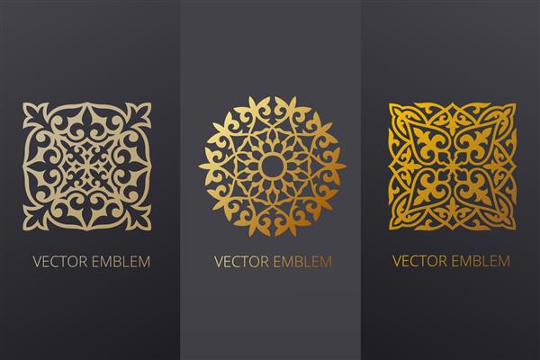 مجموعه وکتور الگوهای طراحی لوگو به سبک مد روز شرقی - تابلوهای ساخته شده با فویل طلایی در زمینه مشکی - محصولات لوکس زیور آلات نشان