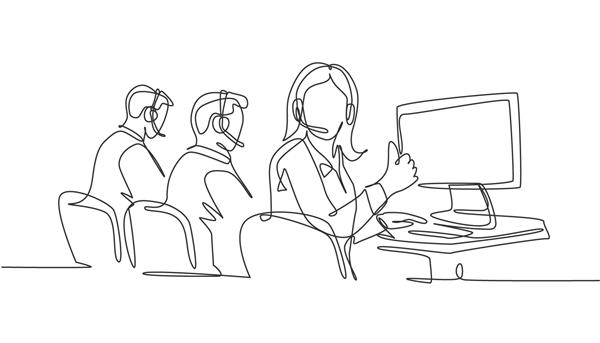 گروه نقاشی تک خطی متشکل از کارگران زن و مرد جوان مرکز تماس که جلوی کامپیوتر نشسته‌اند و انگشت شست را بالا می‌برند مفهوم کسب و کار خدمات مشتری وکتور طراحی خط کشی پیوسته