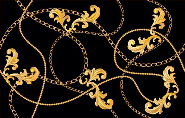 الگوی زنجیر باروک طلایی بدون درز طراحی وکتور برای چاپ مد و پس زمینه پارچه