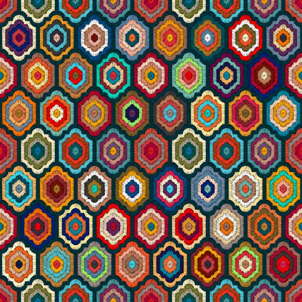 الگوی بدون درز رنگارنگ برای فرش پس زمینه بوهمیایی به سبک گلدوزی شده نقوش قومی و قبیله ای تصویر برداری