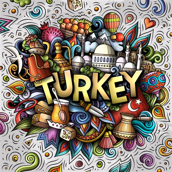 تصویر ابله کارتونی ترکیه ای طراحی خنده دار سفر پس زمینه وکتور هنر خلاق متن دست نویس با نمادها عناصر و اشیاء ترکی ترکیب رنگارنگ
