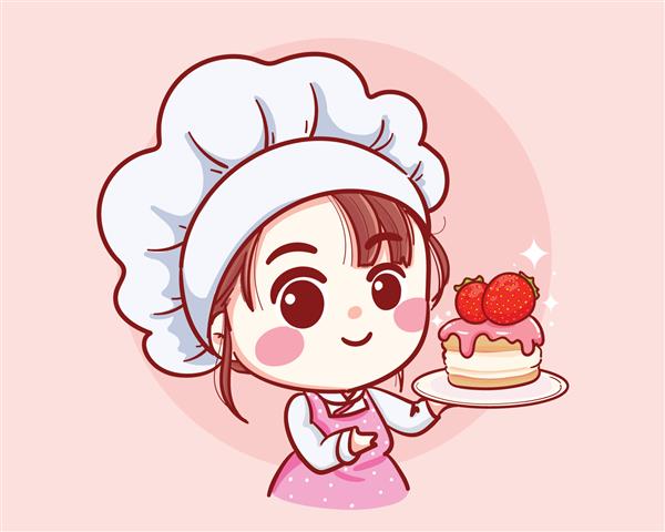 دختر ناز آشپز نانوایی که یک کیک خندان در دست دارد آرم تصویر هنری کارتونی وکتور ممتاز