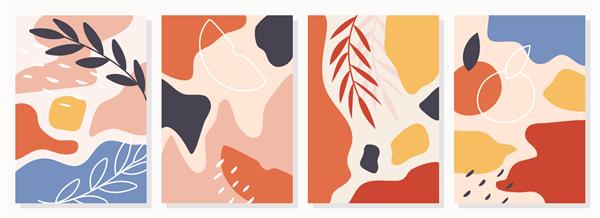 مجموعه پوستر با عناصر میوه گیاهان و اشکال انتزاعی طراحی گرافیک مدرن ایده آل برای رسانه های اجتماعی پوستر جلد دعوت نامه بروشور بردار