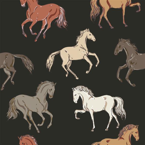 اسب های در حال تاخت یورتمه و راه رفتن با رنگ های مختلف روی زمینه سیاه وکتور بدون درز با حیوانات در حال اجرا قالب مربعی تکراری برای پارچه و کاغذ دیواری