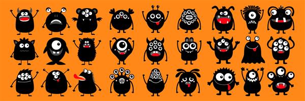 هالووین مبارک مجموعه آیکون های فوق العاده بزرگ شبح سیاه هیولا شخصیت بچه کارتونی ناز kawaii خنده دار ترسناک چشم ها نیش دندان زبان دست ها بالا پس زمینه نارنجی طراحی تخت تصویر برداری