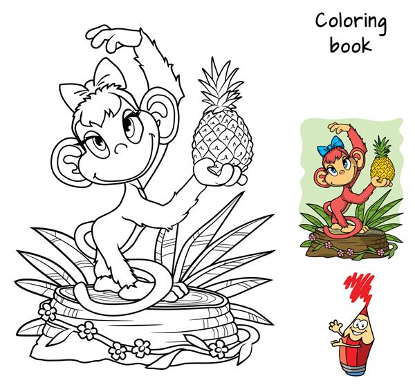 میمون کوچولوی ناز با آناناس کتاب رنگ آمیزی تصویر برداری کارتونی