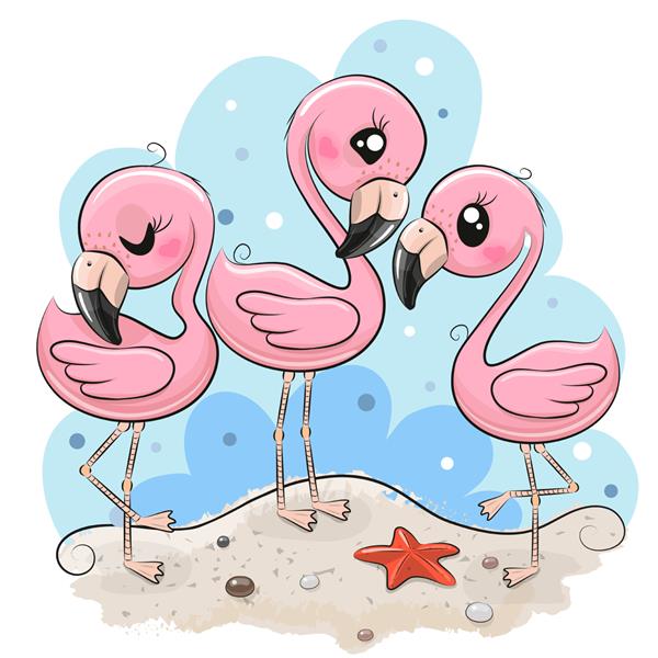 سه فلامینگو کارتونی زیبا در ساحل