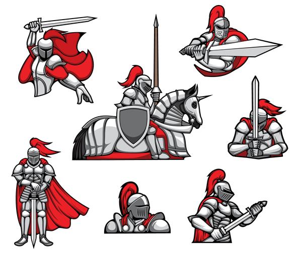 طلسم های جنگجوی شوالیه های قرون وسطی وکتور شخصیت های هرالدریک شوالیه با زره شنل قرمز و کلاه ایمنی با دم اسبی تاب خوردن با شمشیر دو طرفه سوار بر اسب جنگی زرهی با سپر و نیزه نیزه