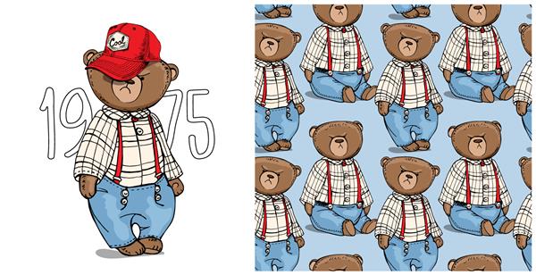 مجموعه ای از یک چاپ و یک الگوی بدون درز خرس های عروسکی اسباب بازی با لباس های شطرنجی و کلاه قرمز ترکیب پارچه طنز چاپ به سبک دستی تصویر برداری