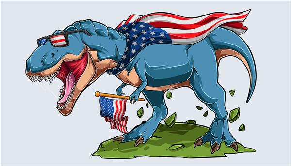 دایناسور آبی عصبانی تی رکس با پرچم آمریکا و عینک آفتابی آمریکا روز استقلال 4 جولای و روز یادبود