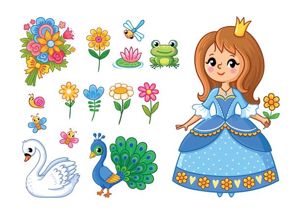 شاهزاده خانم ناز با یک گل در دست وکتور ست دختر و گل و حیوانات به سبک کارتونی