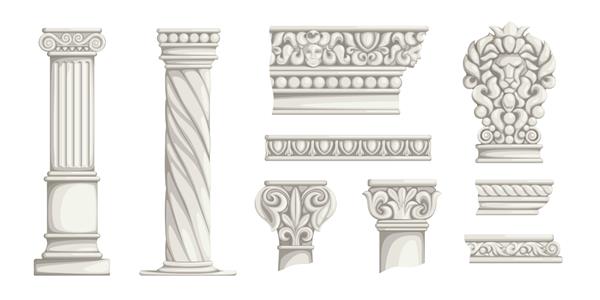 ستون های یونانی عناصر تزئینی معماری روم باستان ستون های آنتیکا قرنتی یا تزئینات دیواری دکور ساختمانی سنگ مرمر حکاکی شده وکتور قطعات سنگی بناهای تاریخی