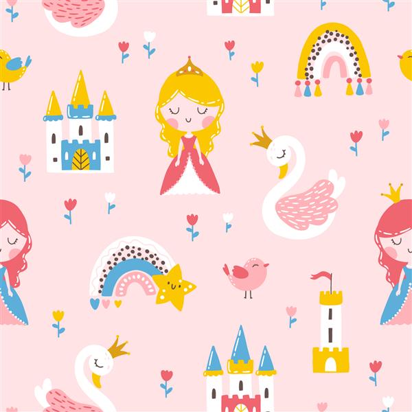 الگوی بدون درز شاهزاده خانم با قو قلعه رنگین کمان و گل تصویر برداری از یک دختر در یک پادشاهی پری به سبک کارتونی طراحی شده با دست پالت پاستل برای منسوجات لباس کودک ایده آل است