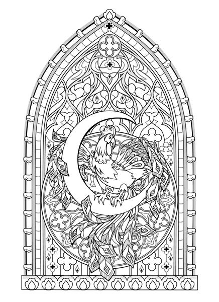 پنجره شیشه ای رنگ آمیزی فانتزی گوتیک با خروس افسانه ای که روی ماه نشسته است معماری قرون وسطی در اروپای غربی نقاشی سیاه و سفید برای کتاب رنگ آمیزی کاربرگ برای کودکان و بزرگسالان