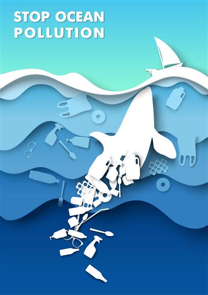 قالب طراحی پوستر آلودگی اقیانوس را متوقف کنید کاغذ لایه لایه برش پس زمینه زیر آب با سطل زباله شناور شبح نهنگ متشکل از زباله های پلاستیکی تصویر برداری مشکل زیست محیطی اقیانوس