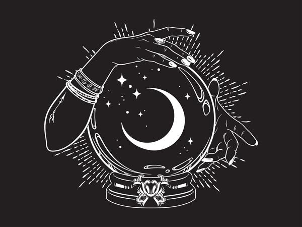 توپ کریستالی جادویی با هلال ماه و ستاره در دستان فالگیر خط هنر و نقطه کاری تصویر برداری طرح چاپ خالکوبی پوستر یا محراب شیک بوهو