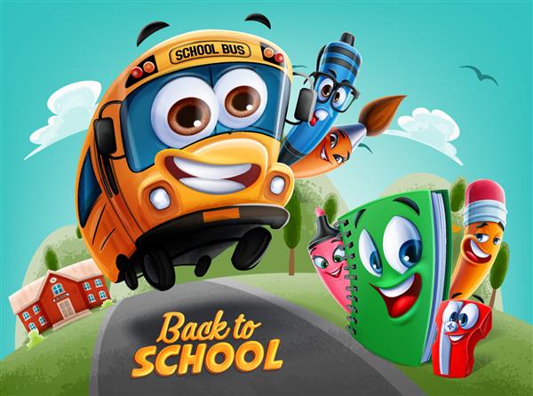 تصویر برداری بازگشت به مدرسه با صحنه ای با ساختمان مدرسه و اتوبوس در حال سفر به مدرسه با شخصیت های شاد کارتون دوستان